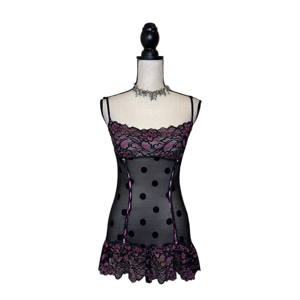 Fredrick’s of Hollywood Sheer Black + Pink Polkadot Lace Mini Slip Size Medium